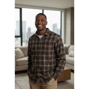 Columbia Shirt Mens Large Brown Plaid Flannel Button Front 100% Cotton